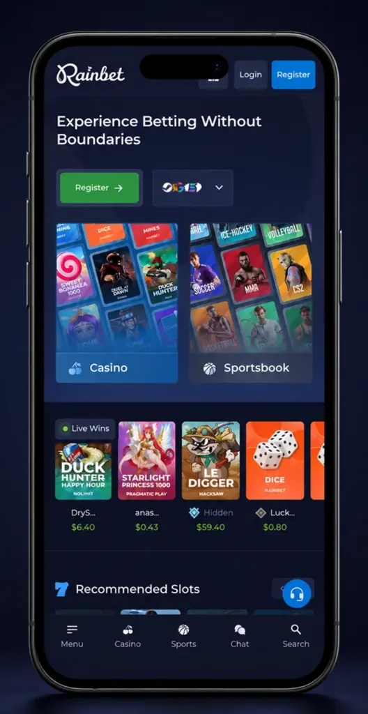 Rainbet mobile casino account screen