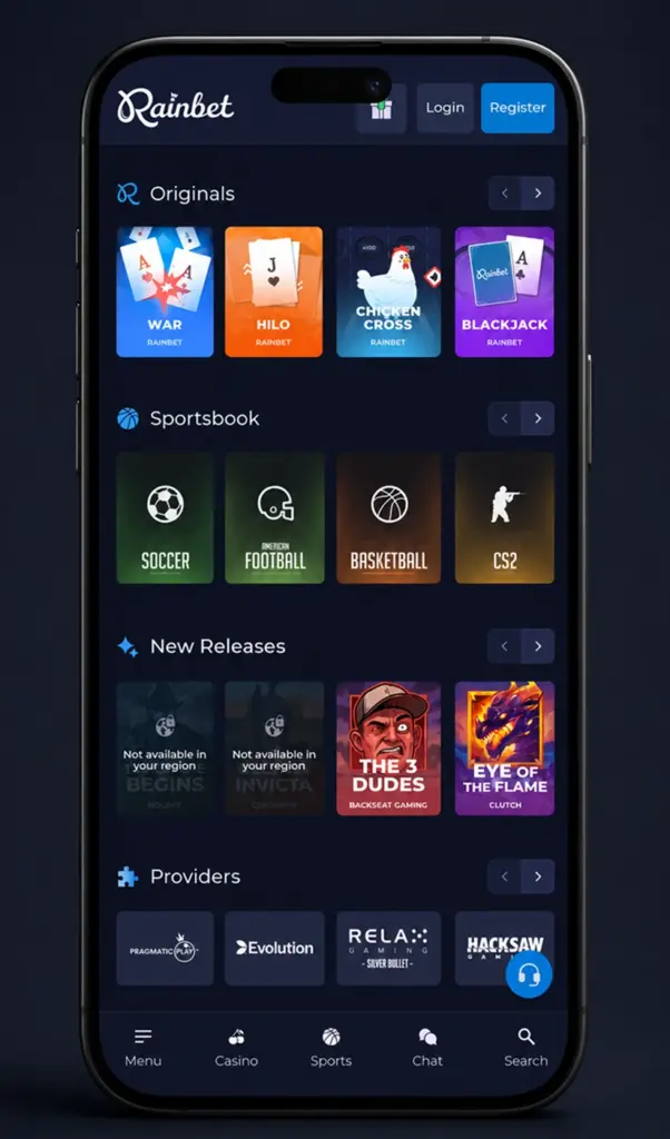 Rainbet mobile casino promotions screen
