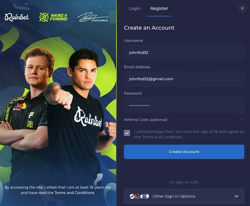 Rainbet casino registration window